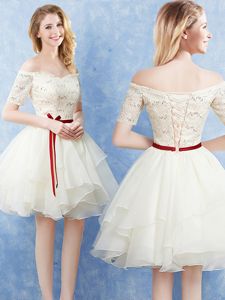 Champagne A-line Organza Off The Shoulder Short Sleeves Lace and Ruffles and Belt Mini Length Lace Up Quinceanera Court of Honor Dress