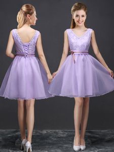 Lavender Sleeveless Lace and Appliques and Belt Mini Length Dama Dress for Quinceanera