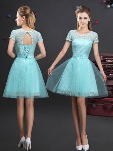 Discount Scoop Mini Length A-line Short Sleeves Aqua Blue Quinceanera Court of Honor Dress Lace Up