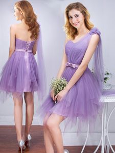 One Shoulder Lavender Sleeveless Mini Length Ruffles and Ruching and Belt and Hand Made Flower Lace Up Quinceanera Dama Dress