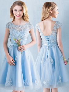 Custom Design Scoop Short Sleeves Tulle Knee Length Lace Up Vestidos de Damas in Light Blue for with Appliques and Bowknot