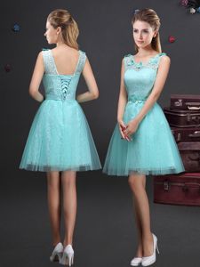 Elegant Scoop Mini Length A-line Sleeveless Aqua Blue Quinceanera Court of Honor Dress Lace Up