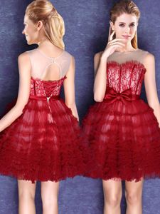 Luxurious Wine Red Scoop Neckline Lace and Bowknot Vestidos de Damas Sleeveless Lace Up
