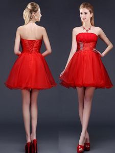Custom Fit Mini Length Red Dama Dress Organza Sleeveless Beading and Ruching and Belt