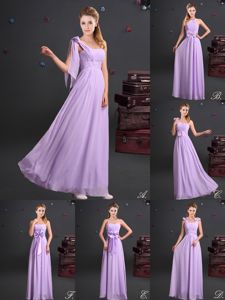 On Sale One Shoulder Chiffon Sleeveless Floor Length Dama Dress for Quinceanera and Ruching and Bowknot and Hand Made Flower