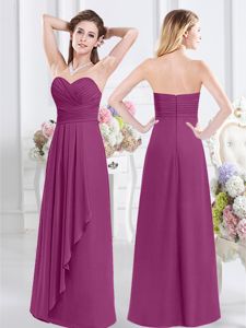 Fuchsia Empire Sweetheart Sleeveless Chiffon Floor Length Zipper Ruching Dama Dress