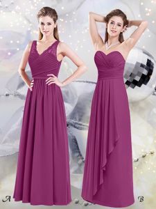 Modest Fuchsia Side Zipper Quinceanera Court of Honor Dress Lace and Ruching Sleeveless Floor Length