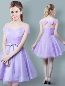 Custom Designed Straps Straps Ruching and Bowknot Quinceanera Dama Dress Lavender Zipper Cap Sleeves Knee Length