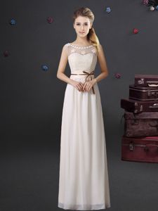 Spectacular See Through White Chiffon Lace Up Scoop Sleeveless Floor Length Vestidos de Damas Lace and Appliques and Belt