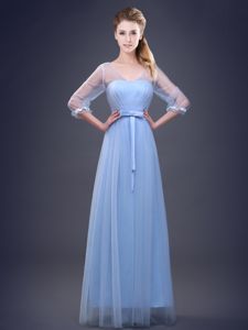 New Arrival Light Blue Empire V-neck Half Sleeves Tulle Floor Length Lace Up Ruching and Bowknot Court Dresses for Sweet 16
