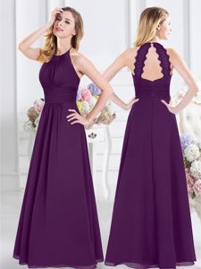 Custom Designed Floor Length Purple Quinceanera Court Dresses Halter Top Sleeveless Zipper