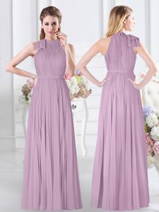 Delicate Floor Length Lavender Dama Dress High-neck Sleeveless Zipper