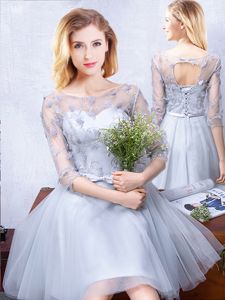 Cheap Scoop Grey Tulle Lace Up Damas Dress Half Sleeves Knee Length Lace and Appliques and Belt