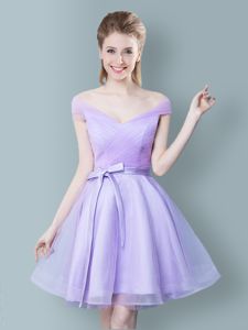 Nice Lavender Empire Ruching and Bowknot Dama Dress Zipper Tulle Cap Sleeves Knee Length