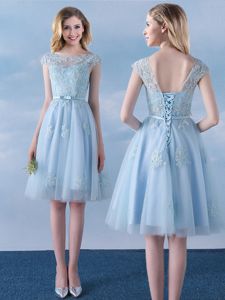 Scoop Light Blue Lace Up Quinceanera Dama Dress Appliques and Belt Cap Sleeves Knee Length