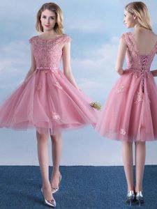 Attractive Scoop Tulle Cap Sleeves Knee Length Damas Dress and Appliques and Belt