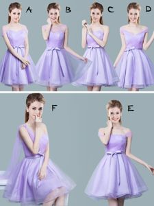 Straps Cap Sleeves Quinceanera Court of Honor Dress Knee Length Ruching and Bowknot Lavender Tulle