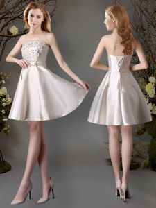Beauteous Champagne Strapless Lace Up Appliques and Bowknot Quinceanera Dama Dress Sleeveless