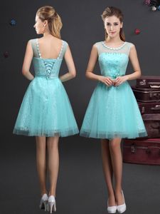 Scoop Aqua Blue Tulle Lace Up Dama Dress Sleeveless Mini Length Beading and Lace and Appliques and Belt