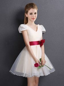 Short Sleeves Lace Up Mini Length Lace and Hand Made Flower Damas Dress