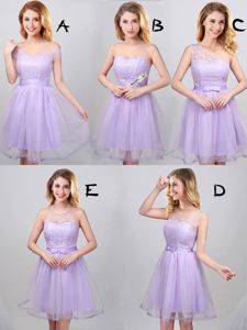 Pretty Off the Shoulder Sleeveless Tulle Mini Length Lace Up Quinceanera Dama Dress in Lavender for with Lace and Appliques and Belt