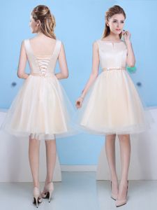 Ideal Scoop Champagne A-line Bowknot Damas Dress Lace Up Tulle Sleeveless Knee Length