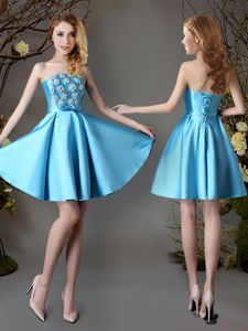 Dramatic Baby Blue Satin Lace Up Strapless Sleeveless Mini Length Vestidos de Damas Appliques and Bowknot