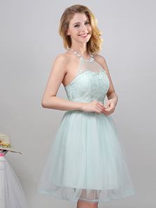 Halter Top Lace and Appliques and Belt Quinceanera Court Dresses Apple Green Lace Up Sleeveless Mini Length