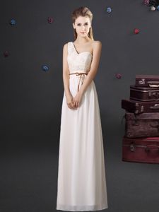 One Shoulder Floor Length Lace Up Vestidos de Damas White and In for Prom and Party and Wedding Party with Lace and Appliques and Belt