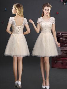 Extravagant Champagne Quinceanera Dama Dress Prom and Party and Wedding Party and For with Lace and Appliques and Belt V-neck Short Sleeves Lace Up
