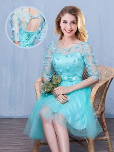 Scoop Half Sleeves Damas Dress Knee Length Lace and Appliques and Bowknot Aqua Blue Tulle