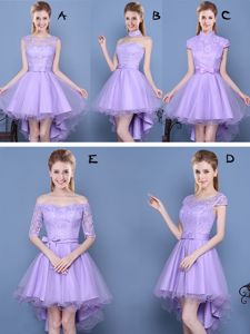 Dramatic Lavender Lace Up Damas Dress Lace and Bowknot Sleeveless High Low