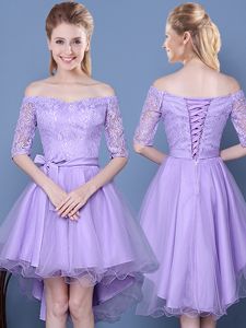 Lavender A-line Tulle Off The Shoulder Half Sleeves Lace and Bowknot and Belt High Low Lace Up Vestidos de Damas