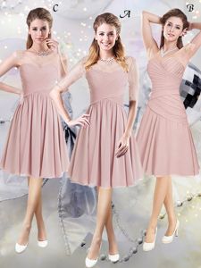 Luxury Scoop Pink Half Sleeves Lace and Ruching Knee Length Dama Dress for Quinceanera