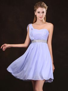 Stunning One Shoulder Lavender Sleeveless Mini Length Sequins and Ruching Zipper Damas Dress
