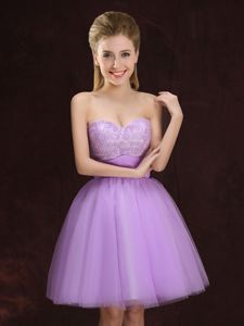 Elegant Mini Length Lace Up Vestidos de Damas Lilac and In for Prom and Party and Wedding Party with Lace and Ruching