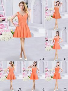 Orange A-line Straps Sleeveless Chiffon Mini Length Zipper Lace and Ruching and Belt Dama Dress for Quinceanera