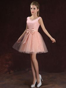 Admirable Peach Sleeveless Tulle and Lace Lace Up Quinceanera Court of Honor Dress for Prom and Party