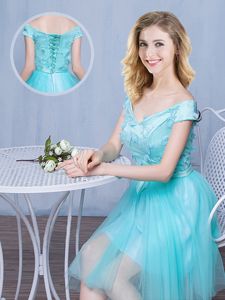 Off The Shoulder Cap Sleeves Lace Up Quinceanera Court of Honor Dress Aqua Blue Tulle