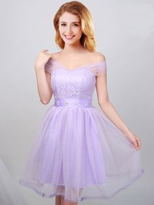 Off the Shoulder Lace and Appliques and Belt Court Dresses for Sweet 16 Lavender Lace Up Short Sleeves Mini Length
