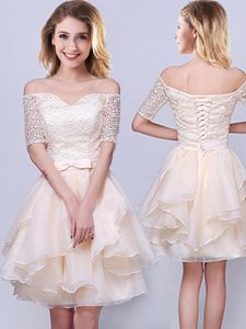 A-line Vestidos de Damas Champagne Off The Shoulder Organza Short Sleeves Mini Length Lace Up
