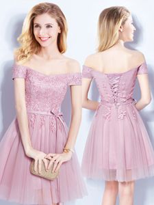 Off The Shoulder Sleeveless Lace Up Quinceanera Court of Honor Dress Pink Tulle