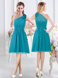 Sweet One Shoulder Teal Empire Ruffles and Ruching Dama Dress Side Zipper Chiffon Sleeveless Knee Length