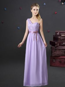 Exquisite One Shoulder Lavender Sleeveless Floor Length Lace and Appliques and Belt Lace Up Dama Dress for Quinceanera
