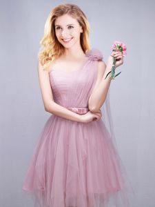 One Shoulder Mini Length Pink Court Dresses for Sweet 16 Tulle Sleeveless Ruching and Bowknot and Hand Made Flower