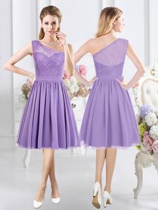 Most Popular One Shoulder Sleeveless Side Zipper Knee Length Lace Quinceanera Court of Honor Dress