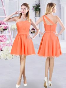 Fancy A-line Dama Dress for Quinceanera Orange One Shoulder Chiffon Sleeveless Mini Length Zipper