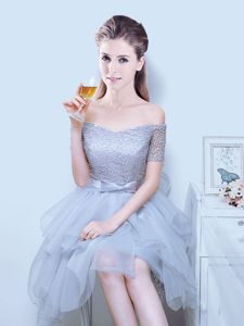 Eye-catching Grey A-line Organza Off The Shoulder Short Sleeves Lace and Ruffles and Bowknot Asymmetrical Lace Up Vestidos de Damas
