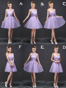 Comfortable Lavender Lace Up V-neck Lace and Appliques and Belt Dama Dress Organza Sleeveless