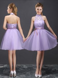 Luxurious Lavender Organza Lace Up Halter Top Sleeveless Mini Length Quinceanera Court of Honor Dress Lace and Belt